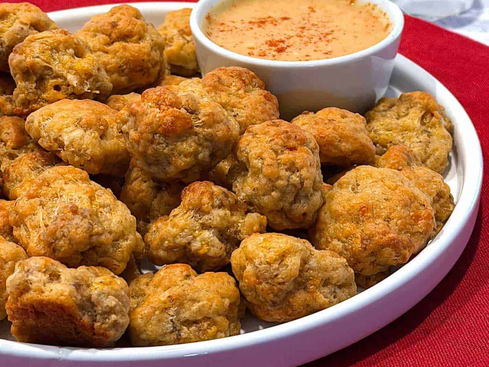 Easy Three Cheese Sausage Balls with Maple Dijon Dip