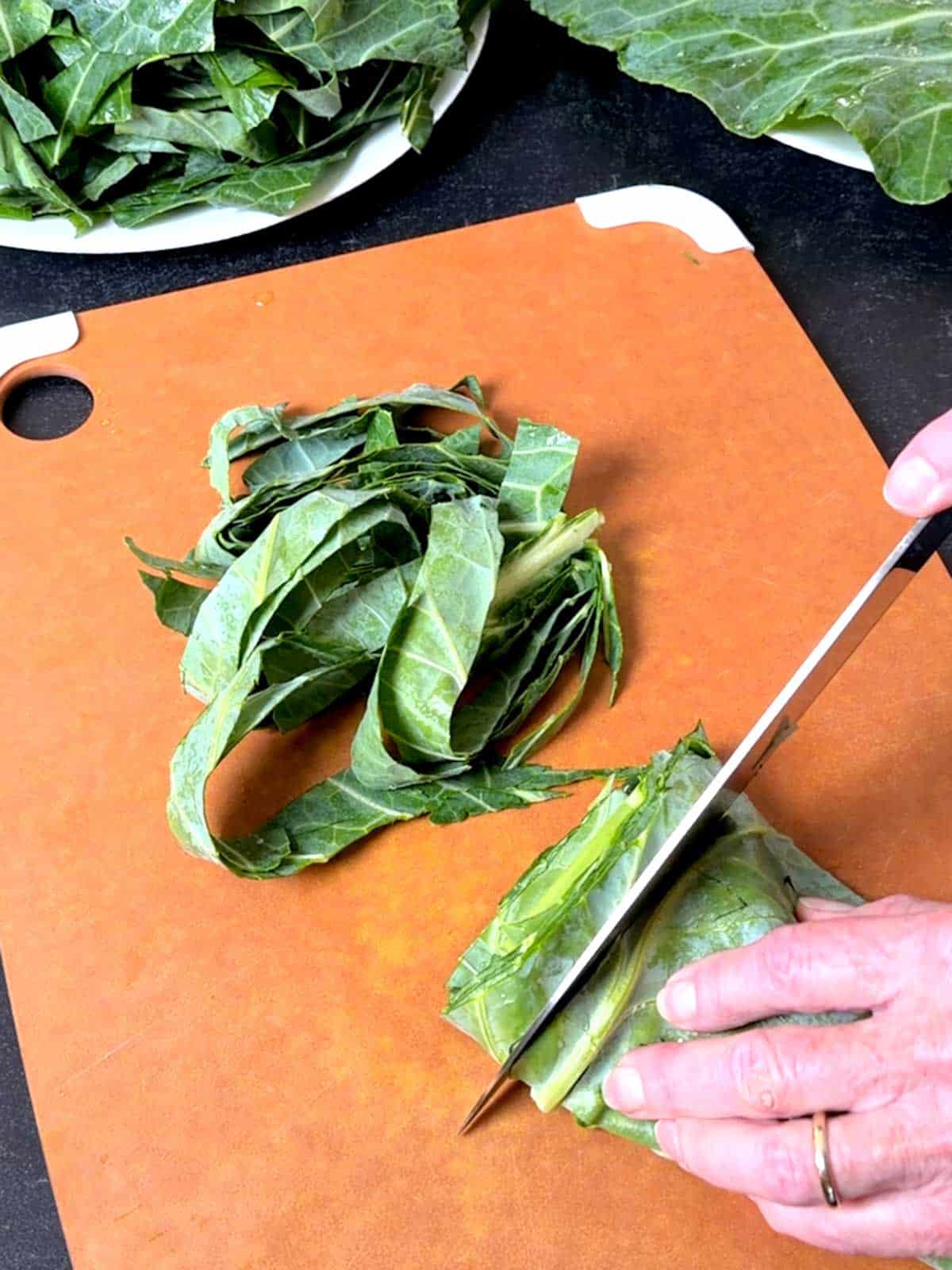 Slicing the collard greens.