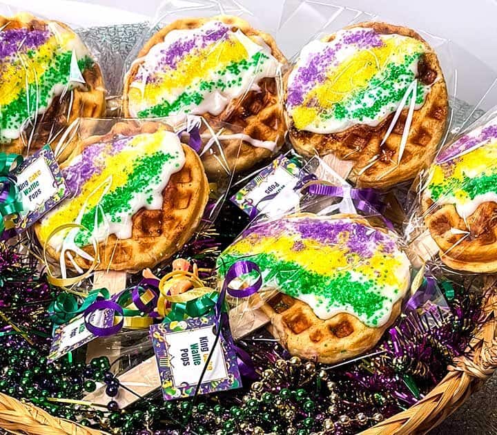 King cake waffle pops packaged.