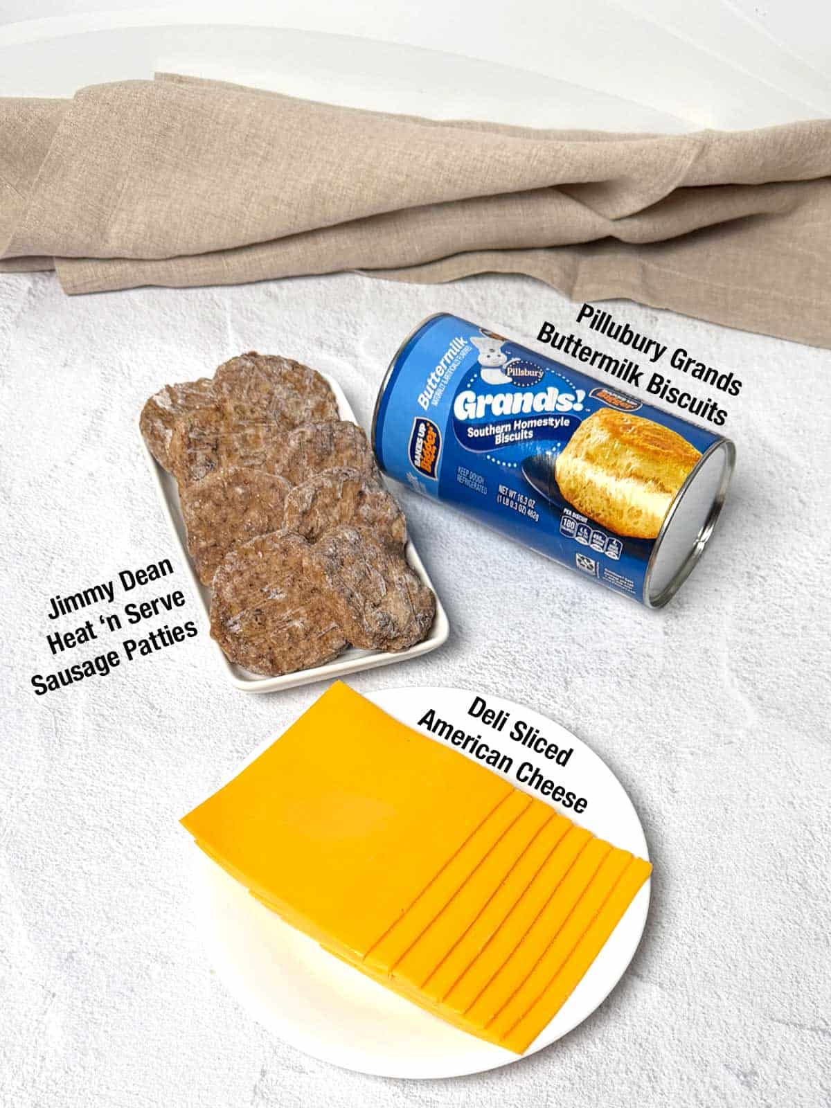 Ingredients for uncrustable breakfast sausage biscuits.