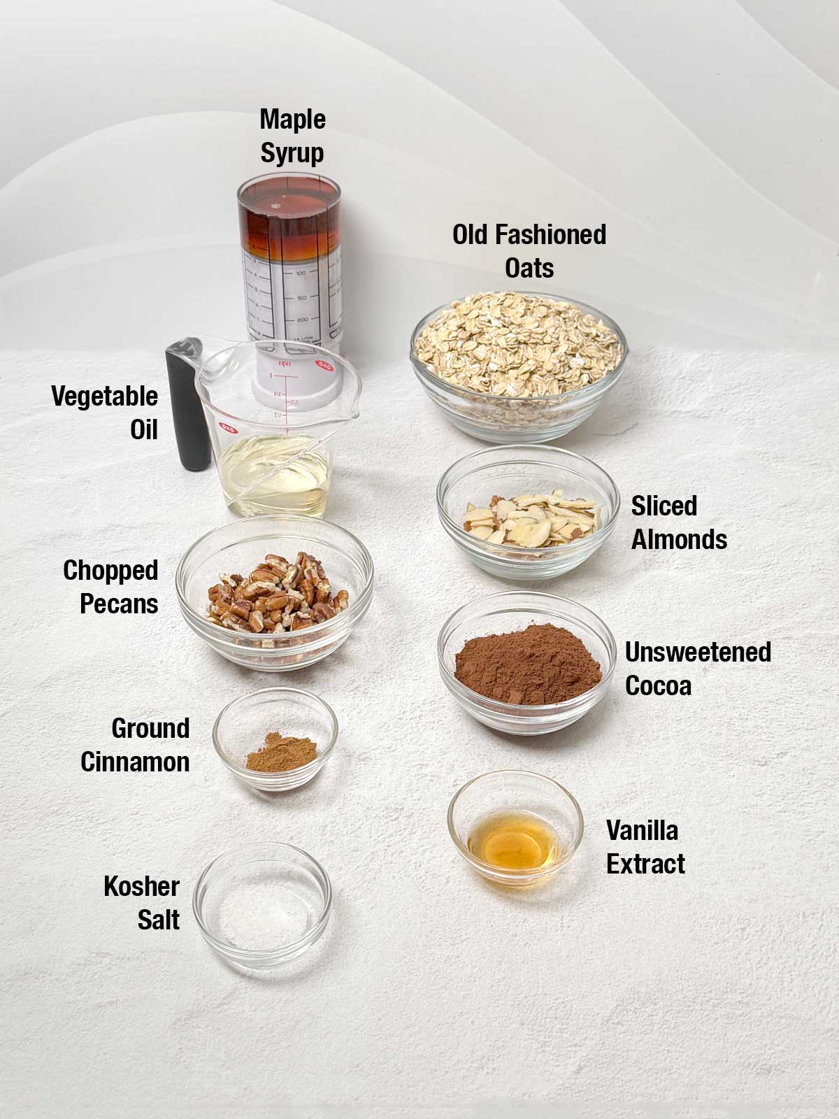 Ingredients for chocolate nut granola.
