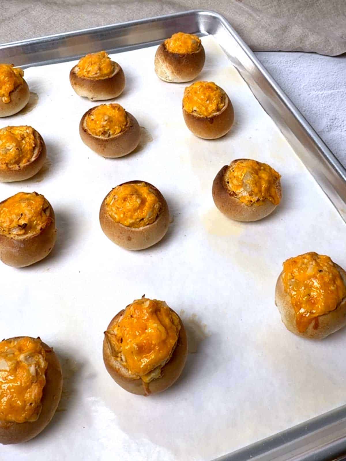 Buffalo chicken mini bread bowls out of the oven.
