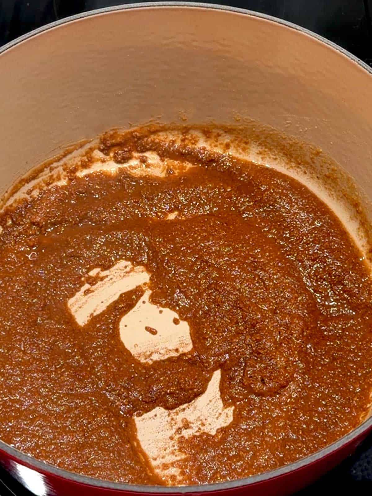 The roux in a Dutch oven.