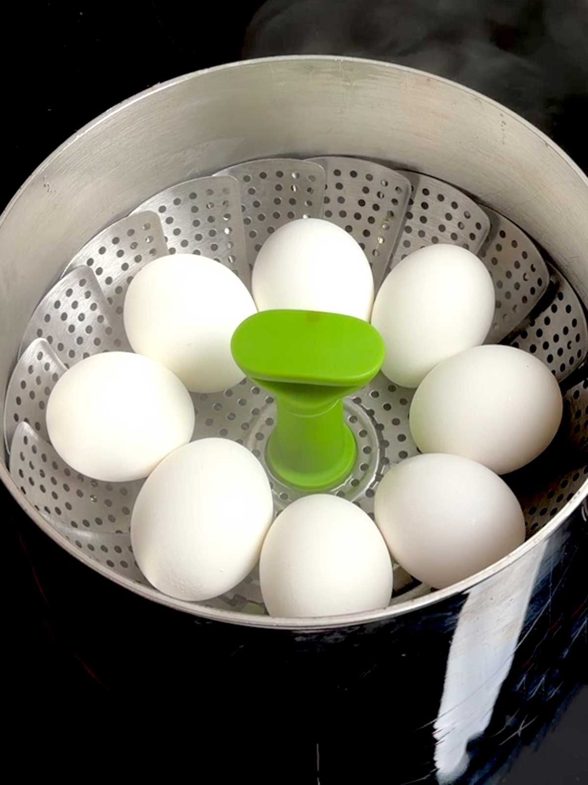 Eggs in steamer basket.