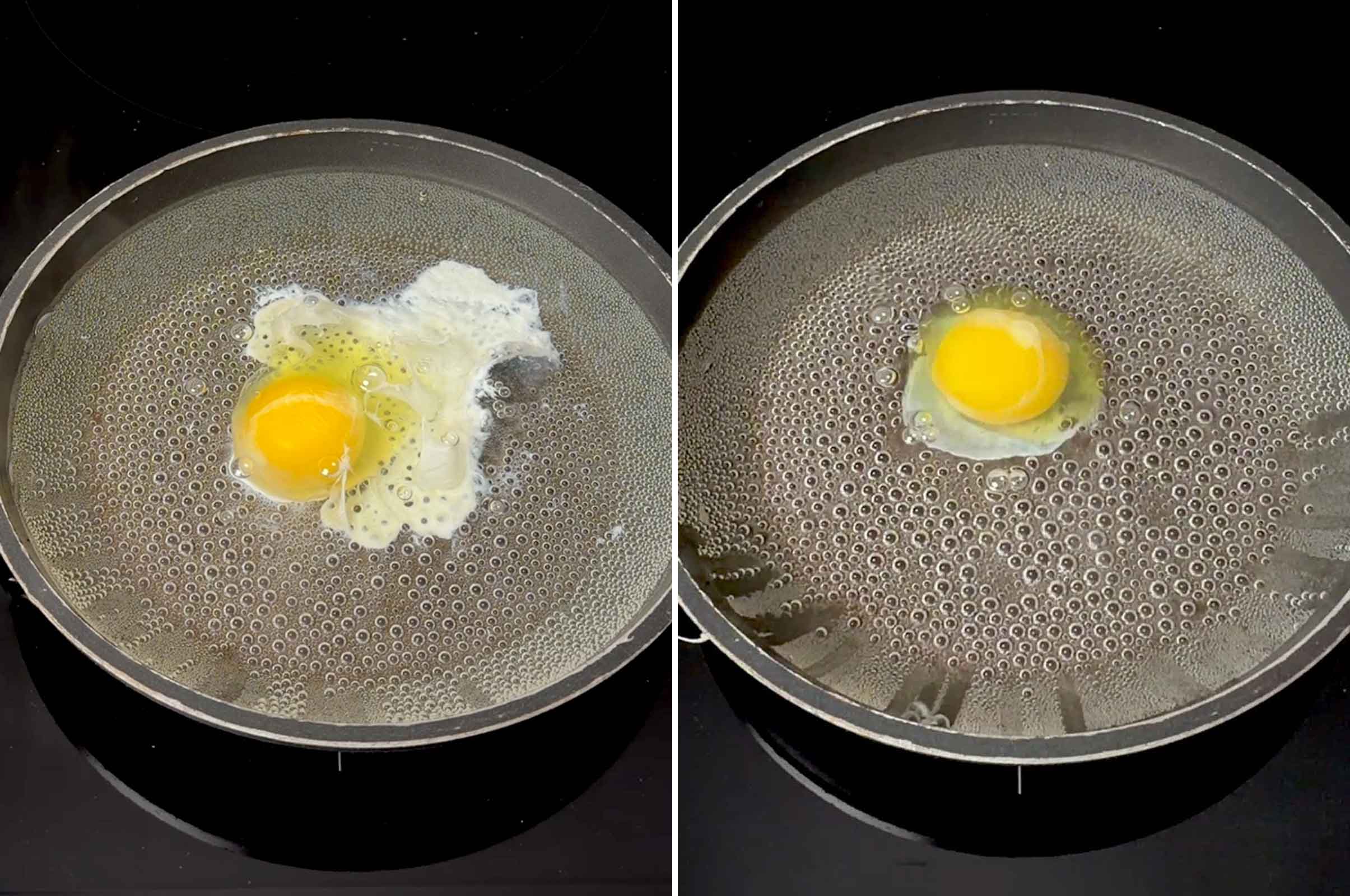 Comparison of non-drained and drained eggs in the pan of water.