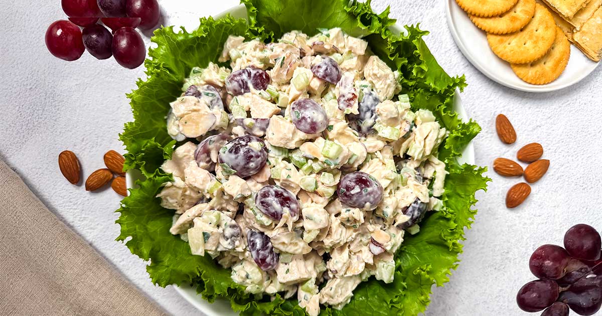 Neiman Marcus-Style Chicken Salad with grapes, almonds and crackers.
