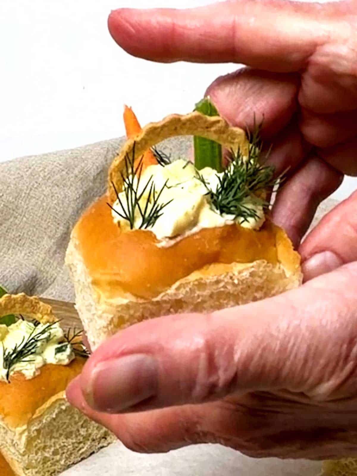 Holding a finished basket.