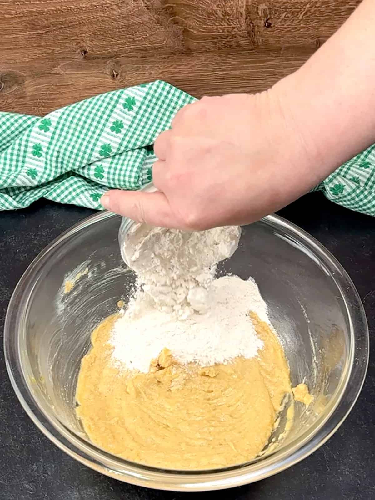 adding flour mixture for Irish steel-cut oatmeal cookies