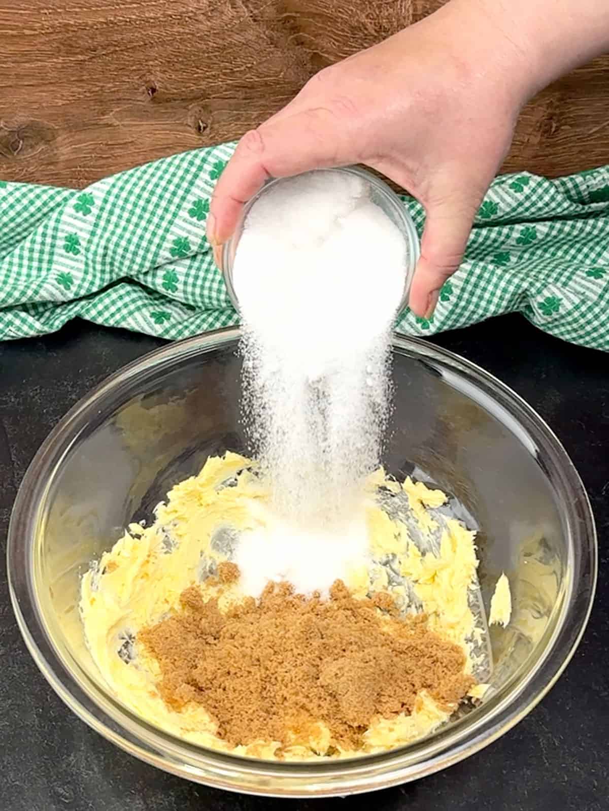 adding sugars to beaten butter for Irish steel-cut oatmeal cookies