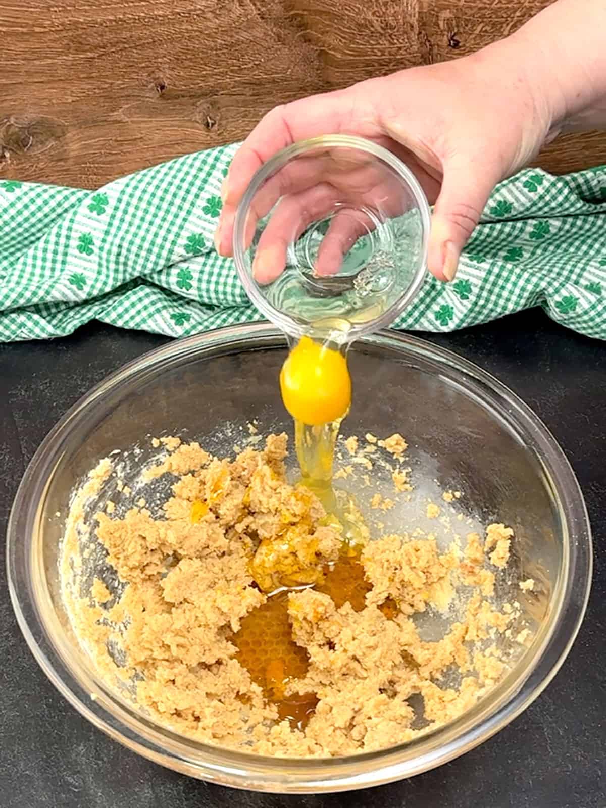adding lyle's golden syrup, vanilla extract, and egg for Irish steel-cut Oatmeal Cookies