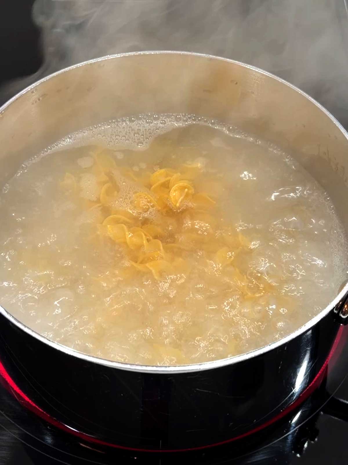 Cooking the egg noodles in boiling water.