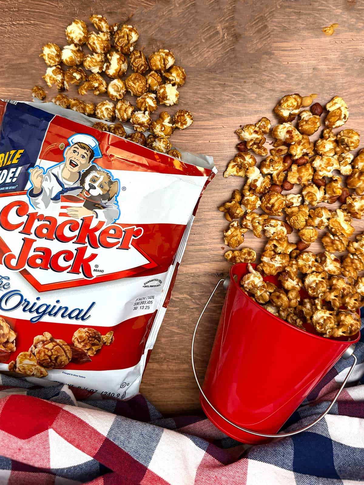 Cracker Jack-Style caramel corn with real Cracker Jacks.