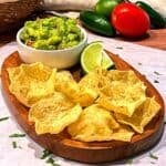 Homemade guacamole with tortilla chips.