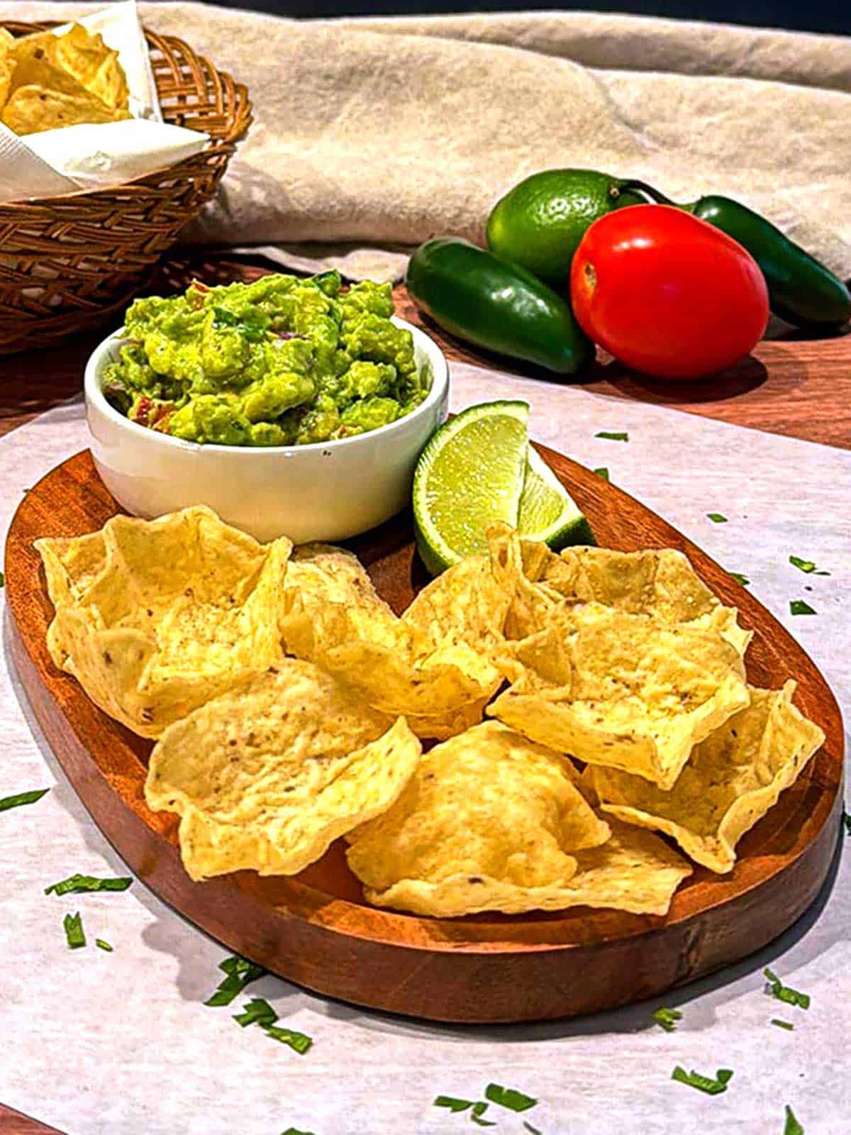 Homemade chunky guacamole with tortilla chips.