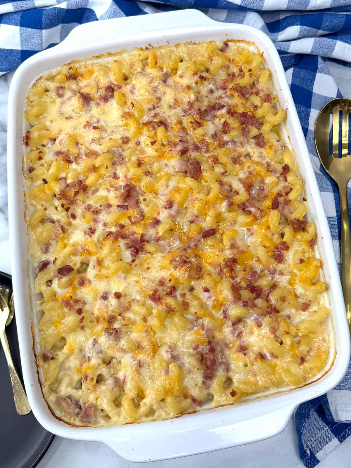Ultimate Baked Macaroni and Cheese with Ham out of the oven