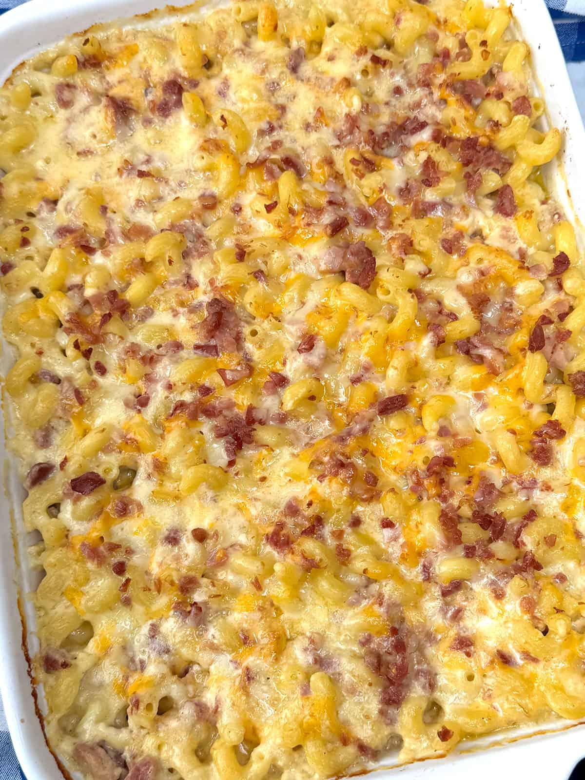 Ultimate Baked Macaroni and Cheese with Ham out of the oven