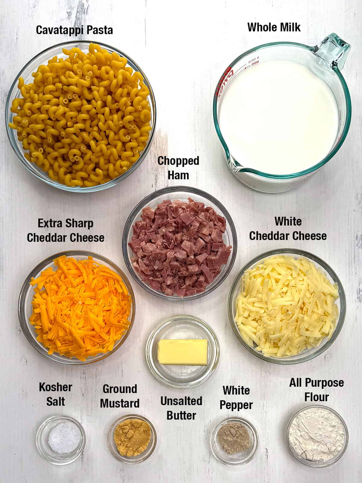 Ingredients for Ultimate Baked Macaroni and Cheese with Ham