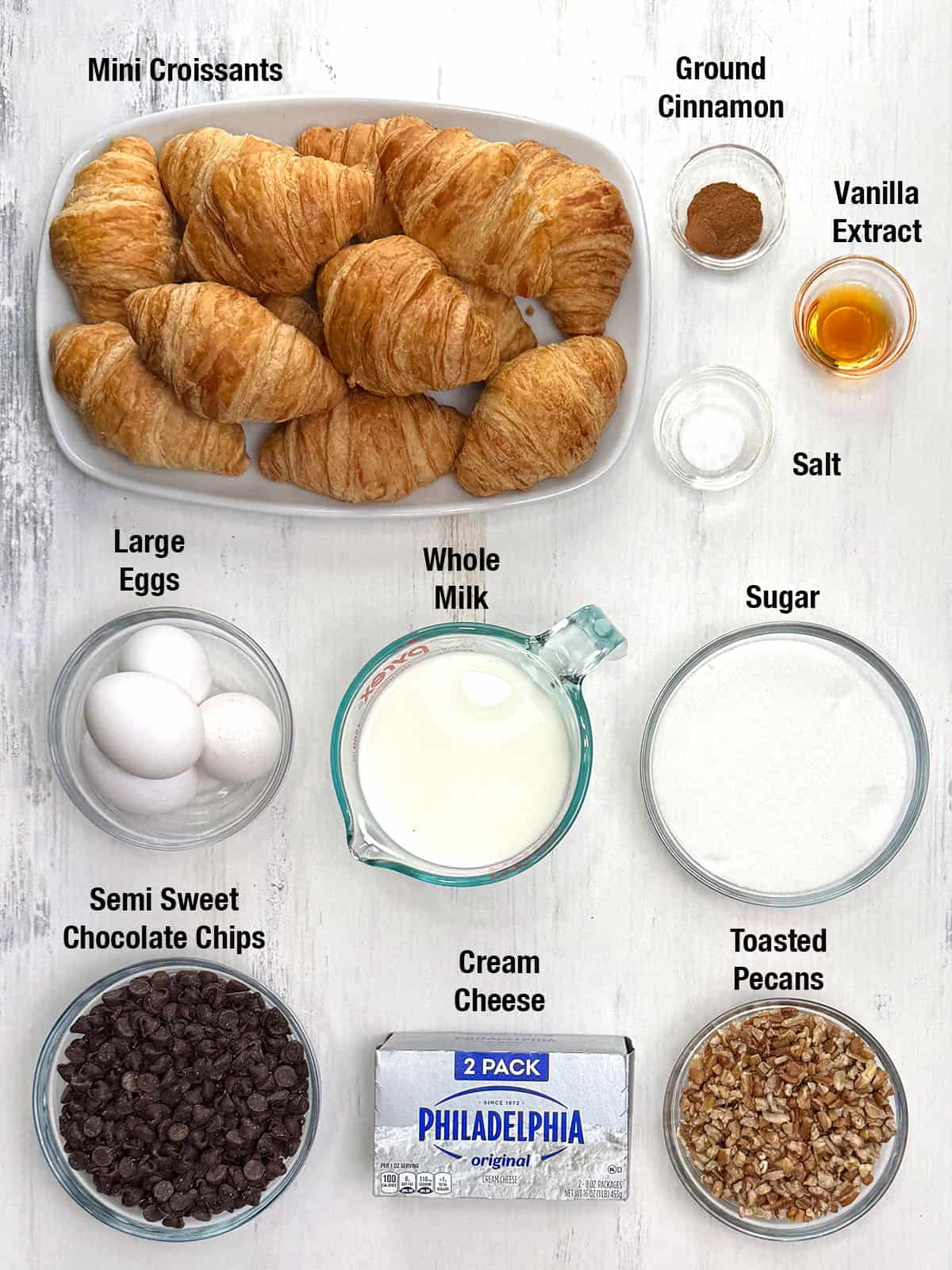 Ingredients for Easy Chocolate Pecan Croissant Casserole
