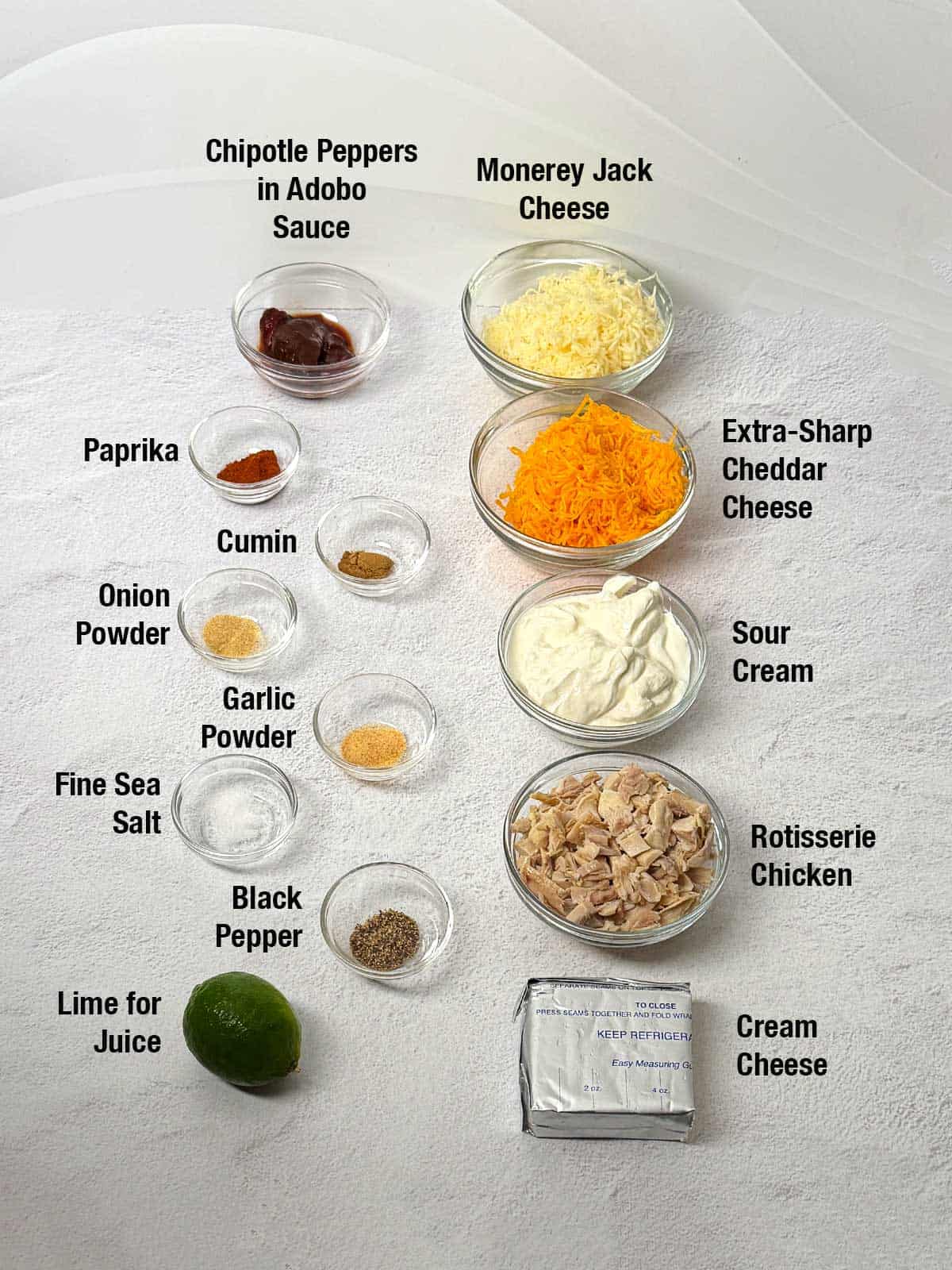 Ingredients for chipotle chicken dip