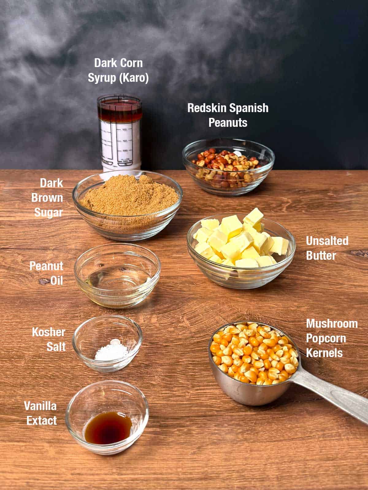 Ingredients for cracker jack-style caramel corn