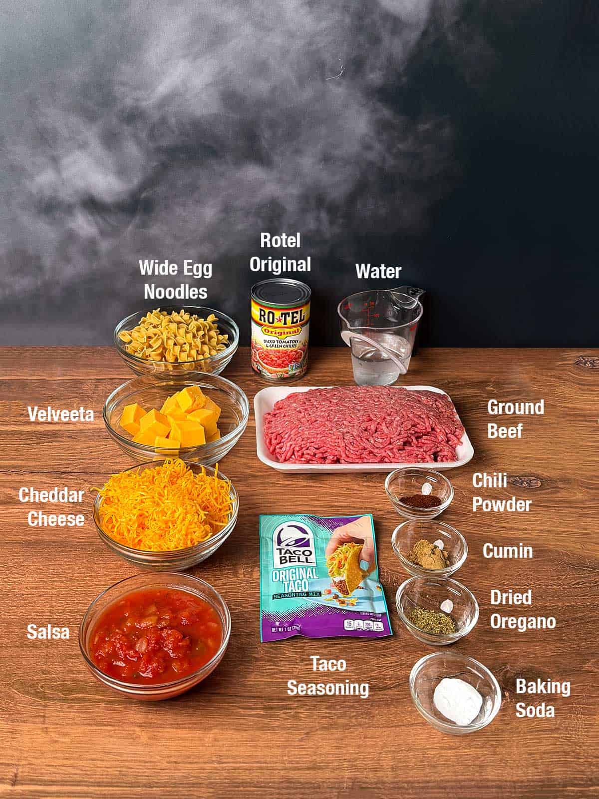 Ingredients for taco noodle casserole.