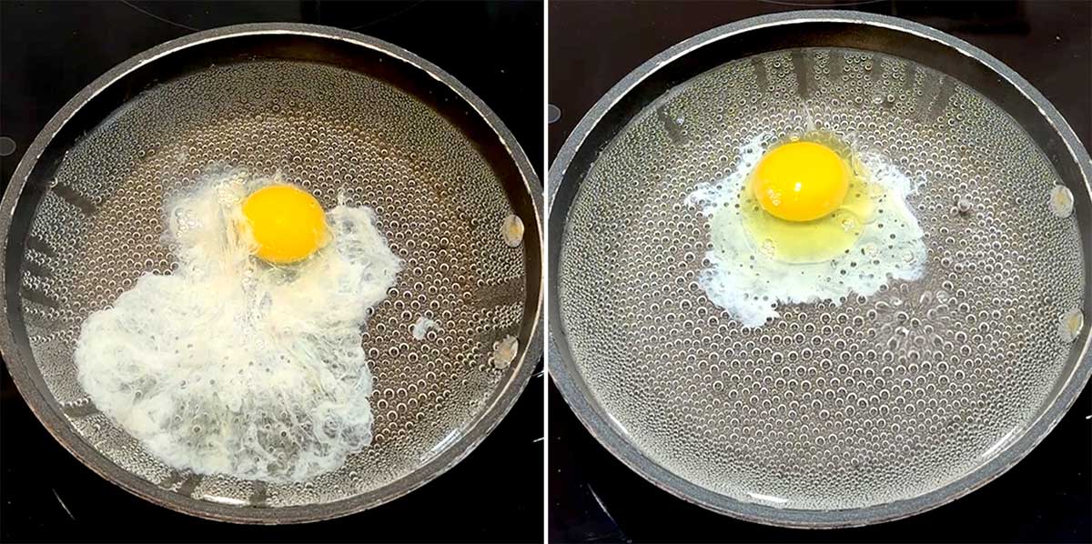 Eggs using a wire mesh strainer.