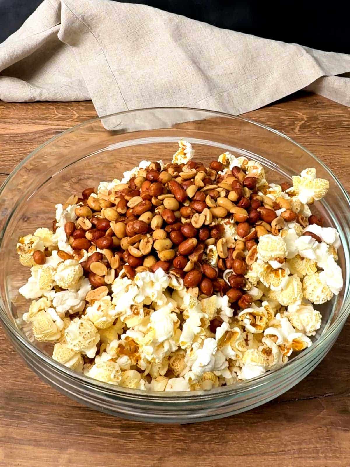 Spanish redskin peanuts on popcorn in a bowl.