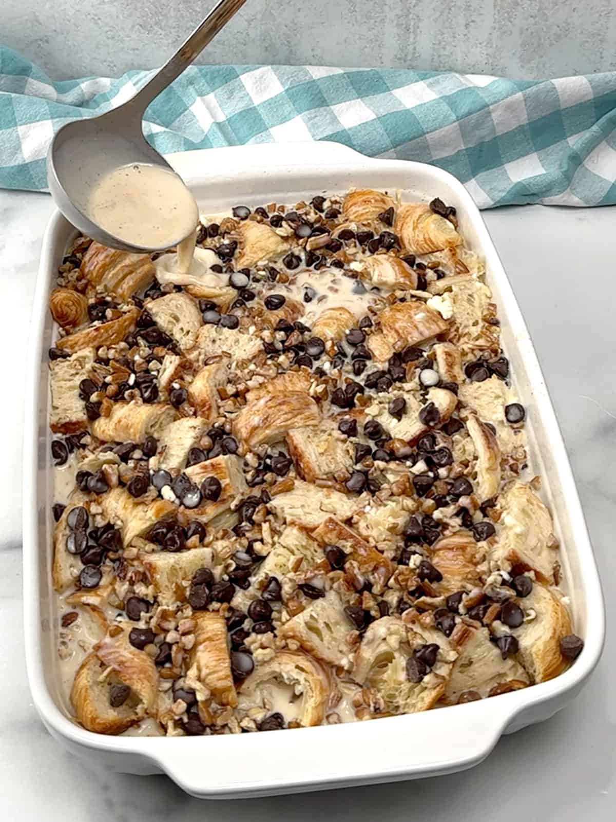 adding custard to pan