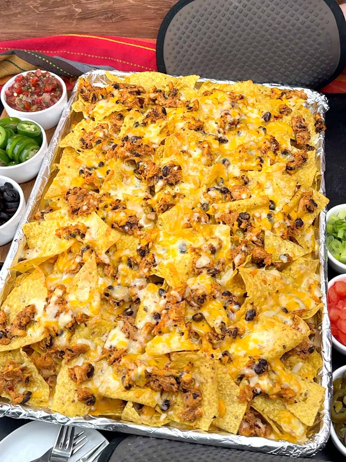 Ultimate Spicy Chicken & Black Bean Nachos out of the oven