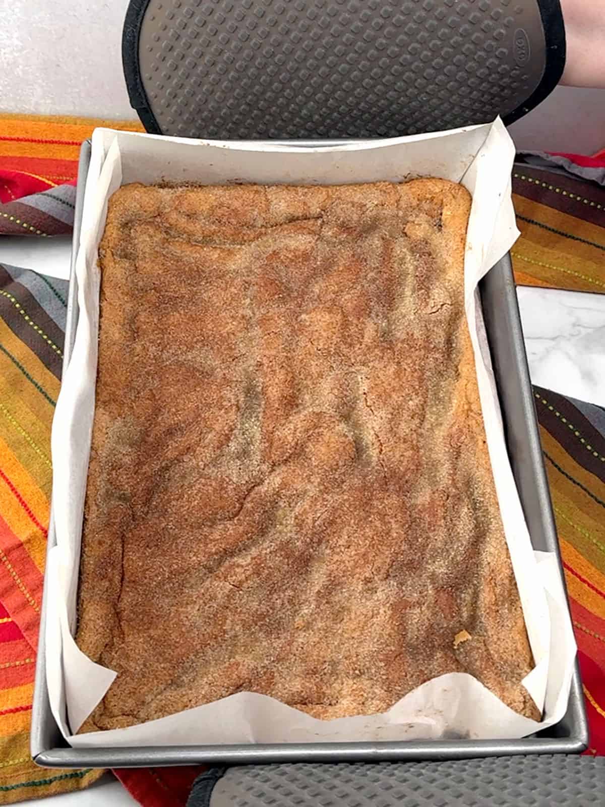 Cinnamon Sugar Churro Blondies out of the oven
