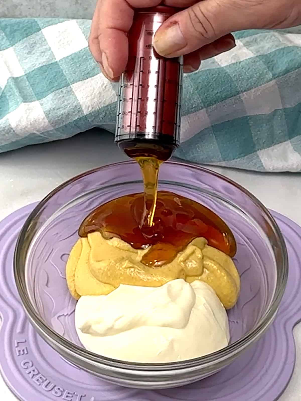 combining mayo, Dijon mustard, and honey for sauce