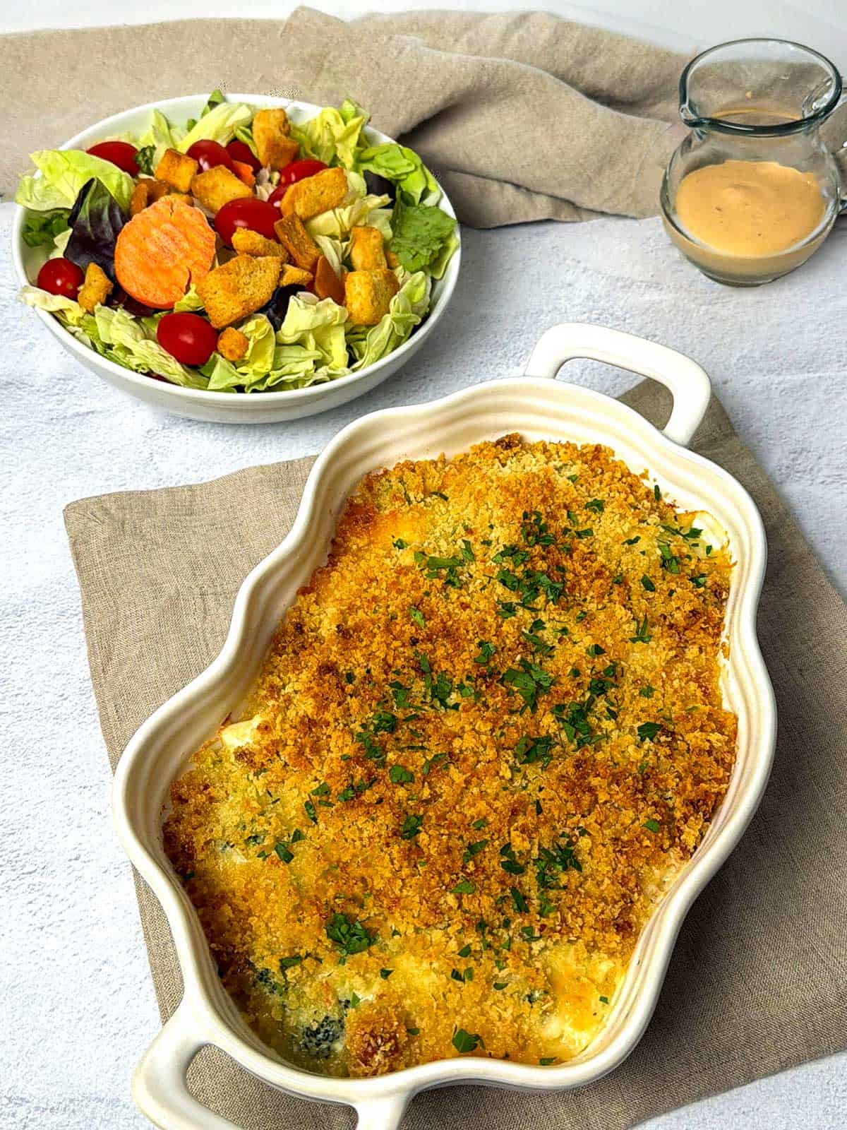 Easy creamy small-batch chicken divan with a salad.