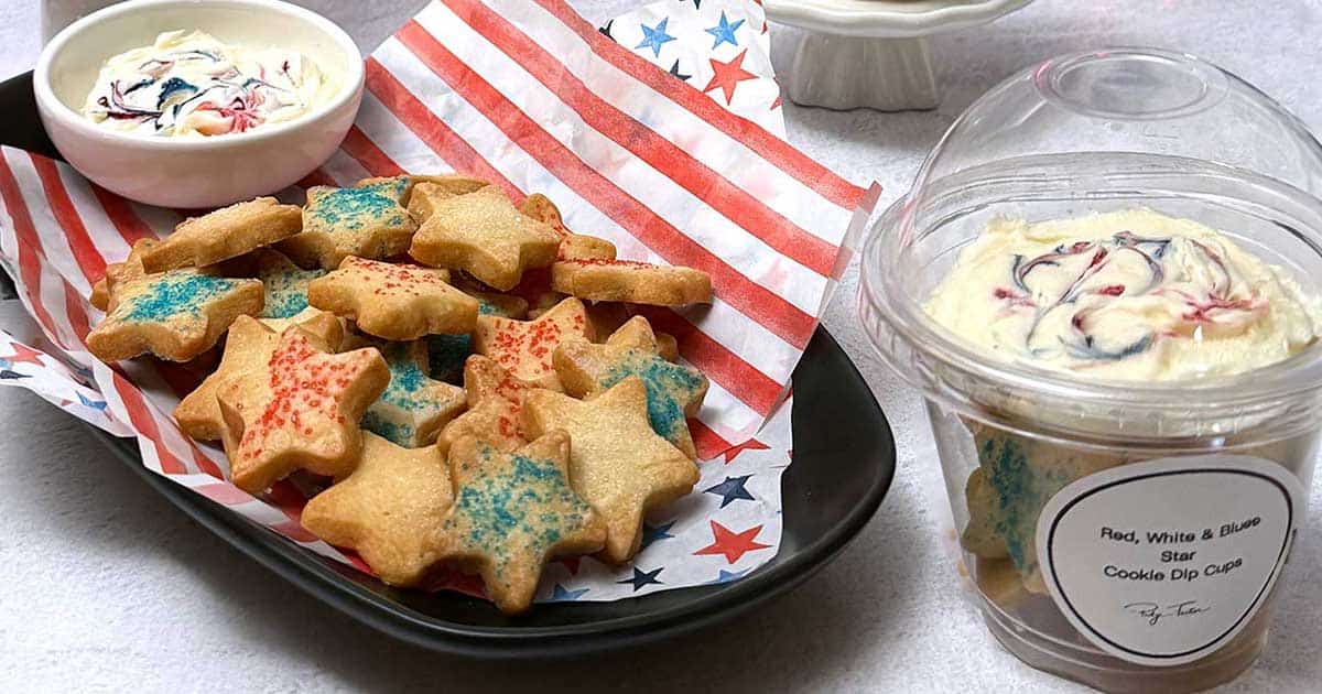 Star shortbread cookies with marbled marshmallow dip.