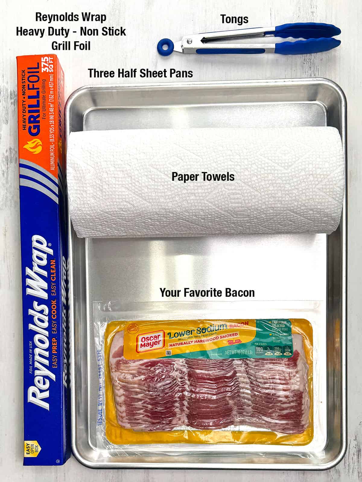 Equipment and Ingredients for Easy No-Mess Crispy Oven Baked Bacon