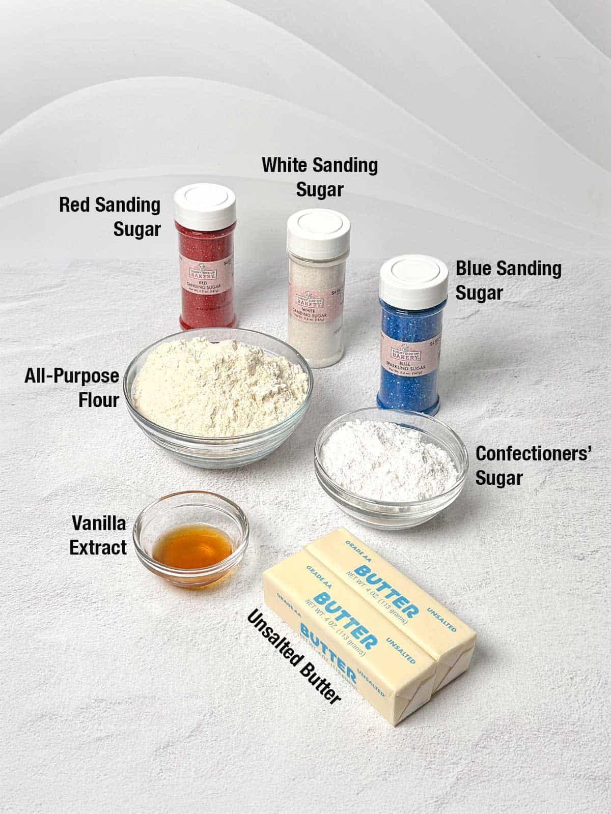 Ingredients for Red, White, and Blue Star Shortbread Cookies