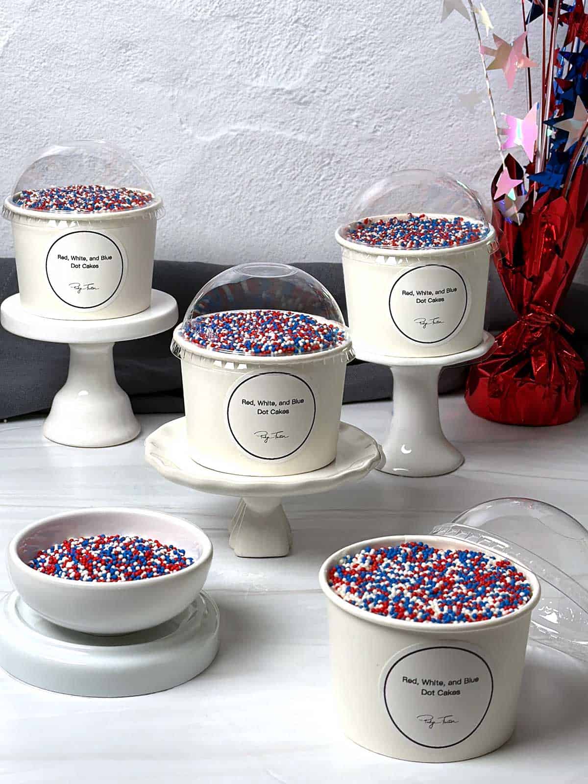 Packaged dot cakes.