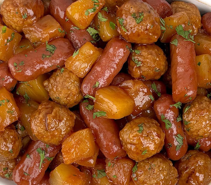 Easy Crockpot Honey Barbecue Pineapple Meatball Smokies