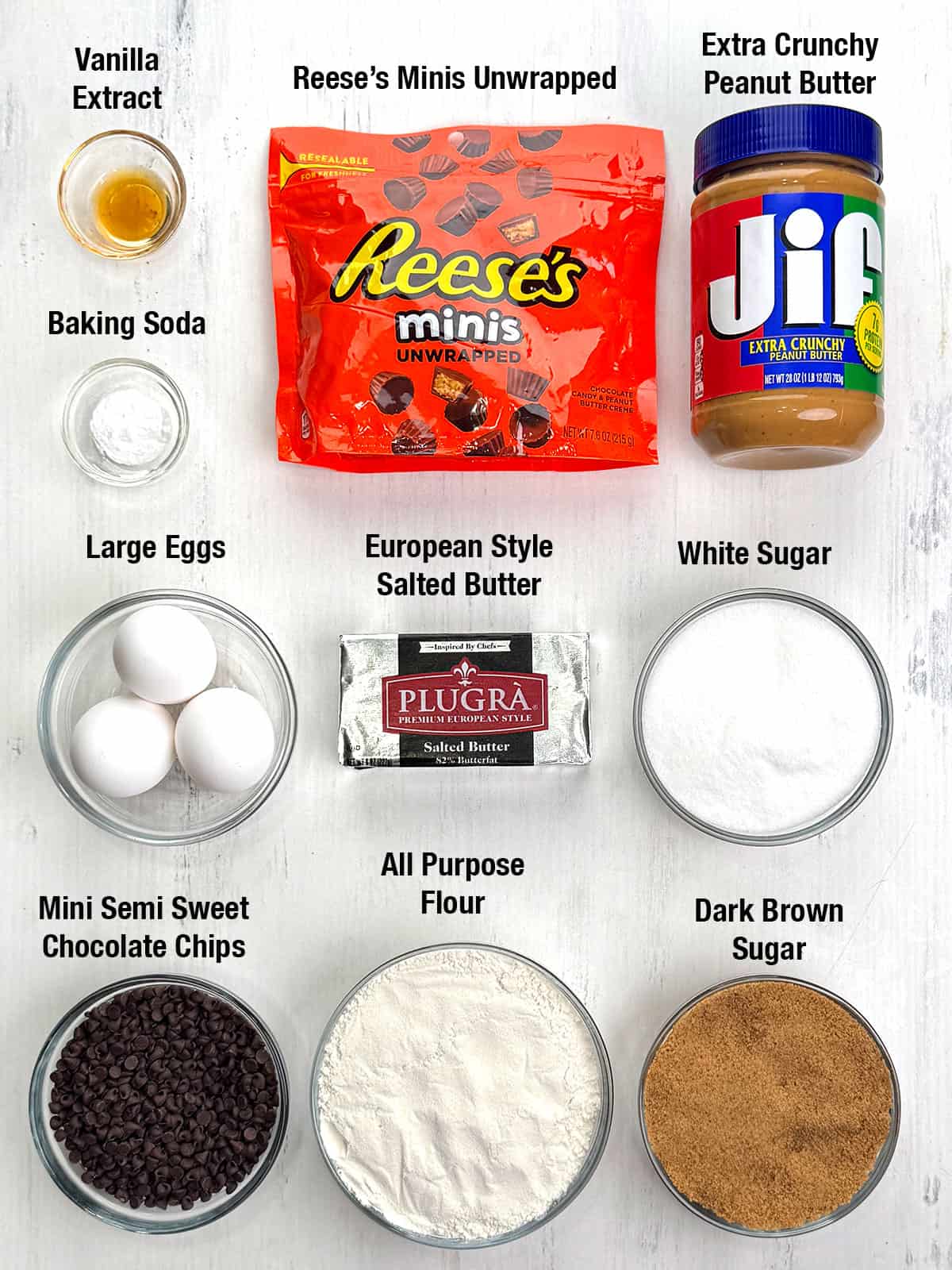 Ingredients for Thick and Chewy Peanut Butter Chocolate Chip Cookies