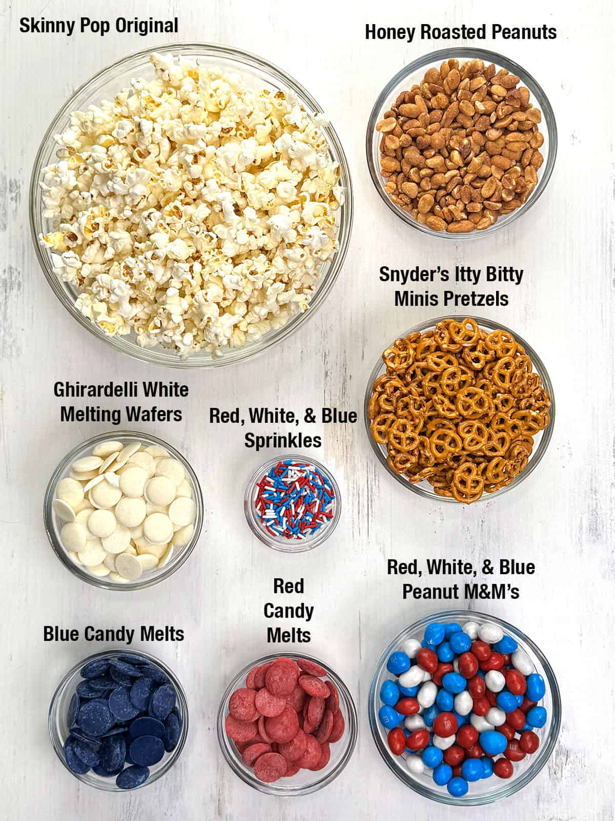 Ingredients for Red, White, and Blue Popcorn Snack Mix