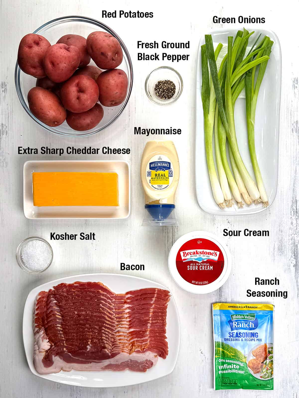 Ingredients for Easy Make Ahead Bacon Ranch Potato Salad
