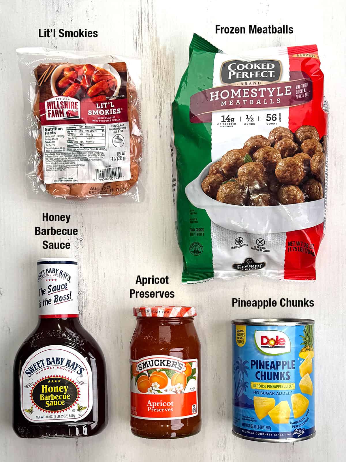 Ingredients for Easy Crockpot Honey Barbecue Pineapple Meatball Smokies