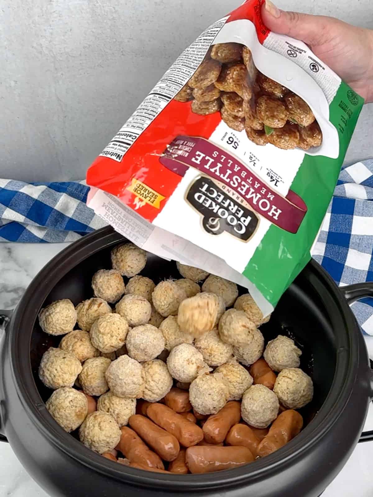 adding lit'l smokies and frozen meatballs to crockpot