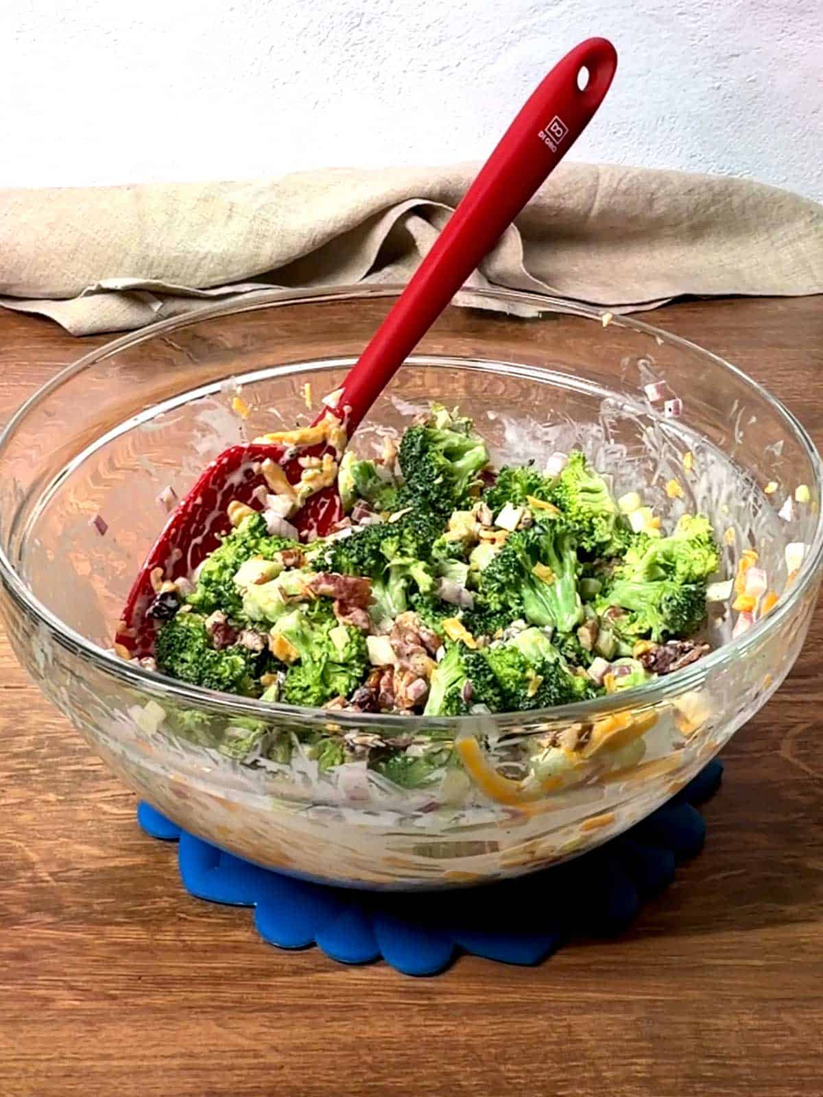Broccoli salad ready to chill.