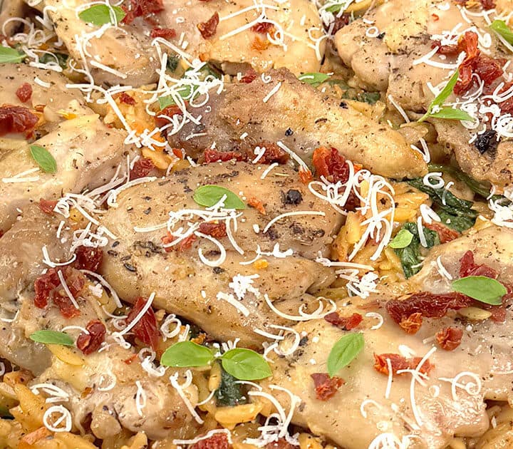 Easy One-Pan Tuscan Chicken Thighs with Orzo