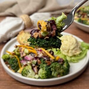 Broccoli Salad on a fork.