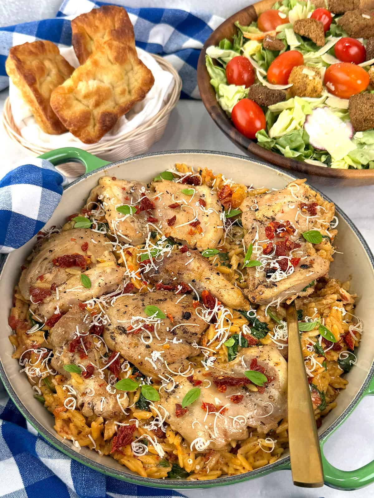 Easy One-Pan Tuscan Chicken Thighs with Orzo