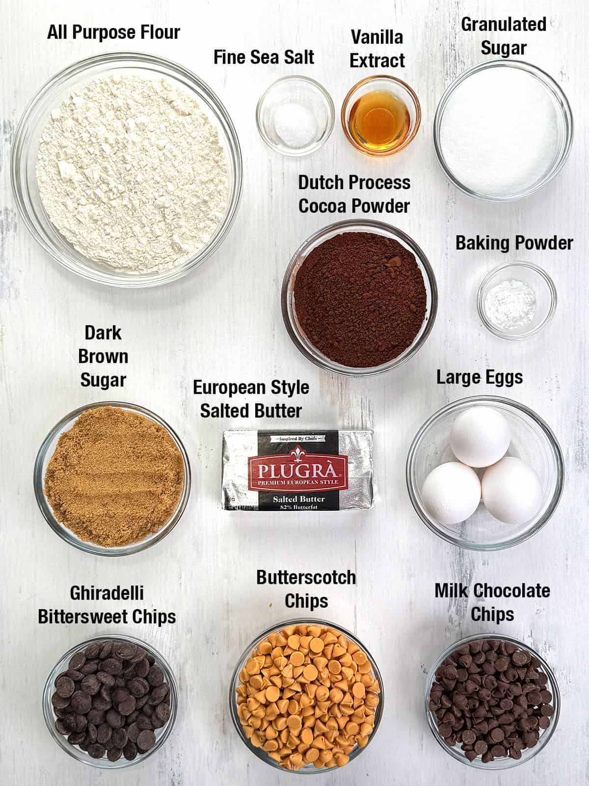 Ingredients for Triple Chocolate Butterscotch Cookies