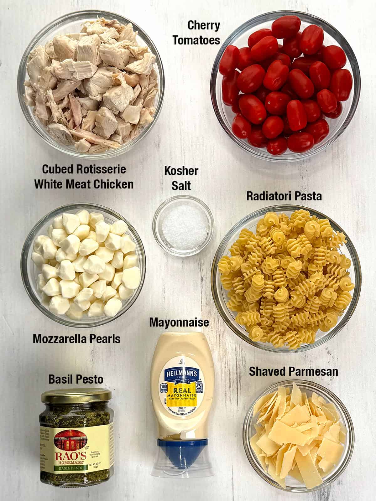 Ingredients for Quick and Easy Pesto Chicken Caprese Pasta Salad