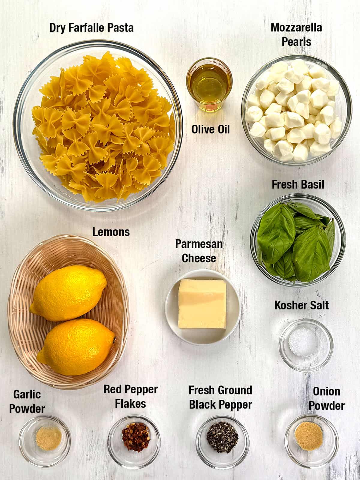 Ingredients for Easy Lemon Basil Pasta Salad with Fresh Mozzarella