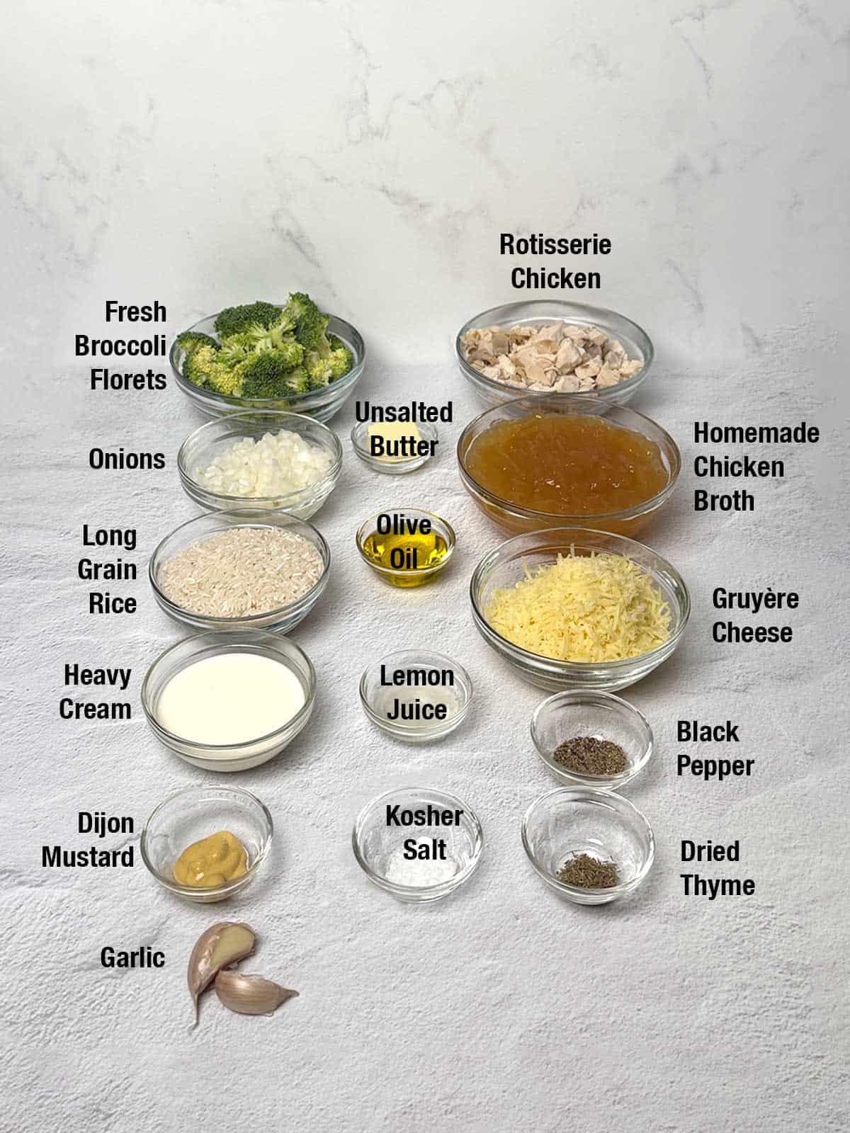 Ingredients for one-pan chicken, rice, and broccoli skillet.